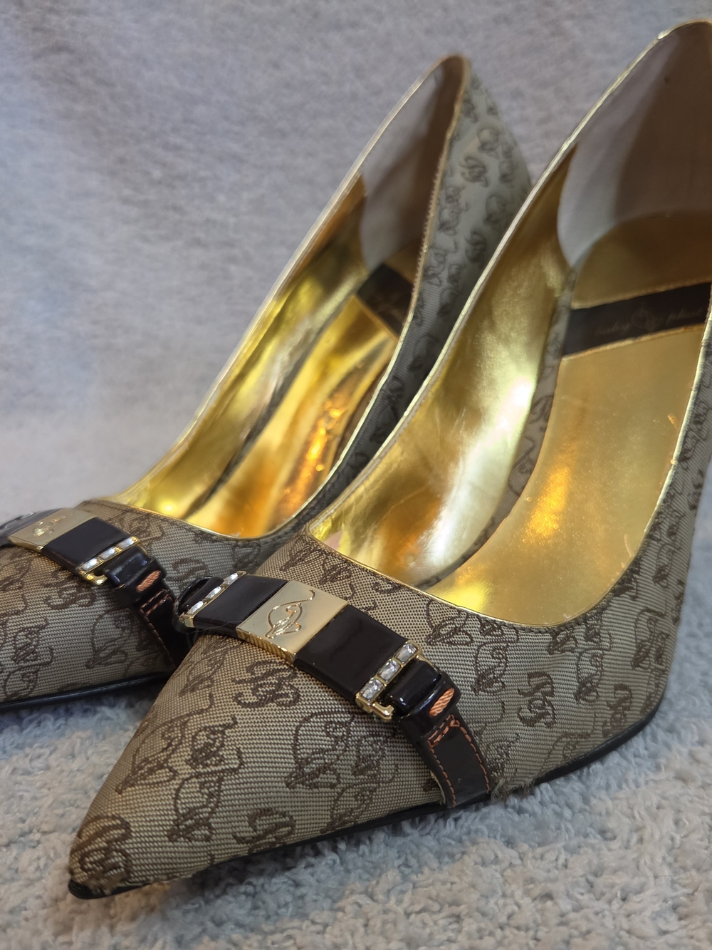 Baby Phat Beige Monogram Pointed Toe Pumps with Gold Trim